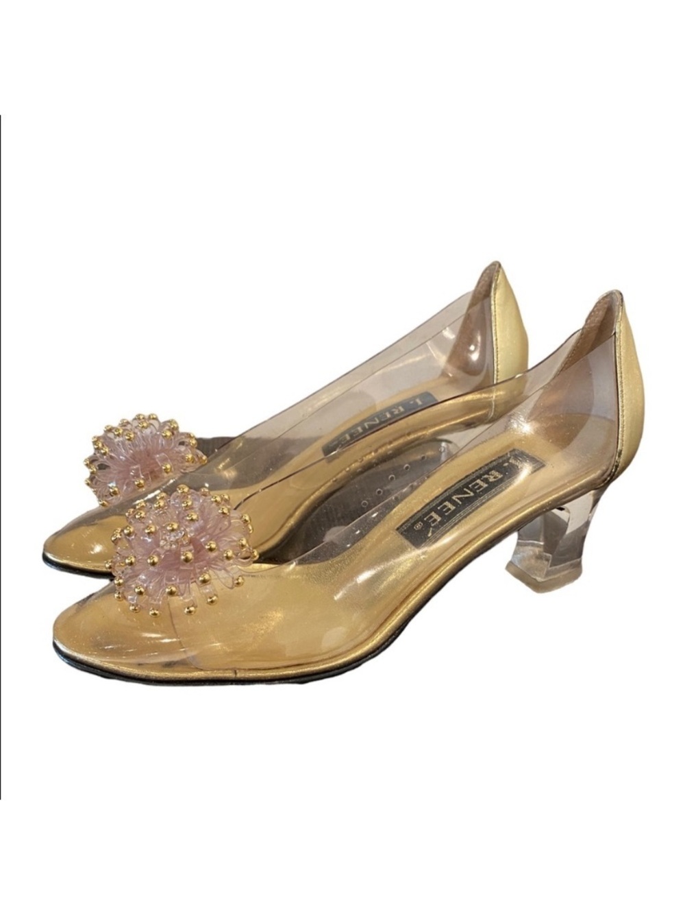 J. Renee Vintage Vinyl Clear Pump Heels With Ornament Shoes Size 8 Narrow Gold